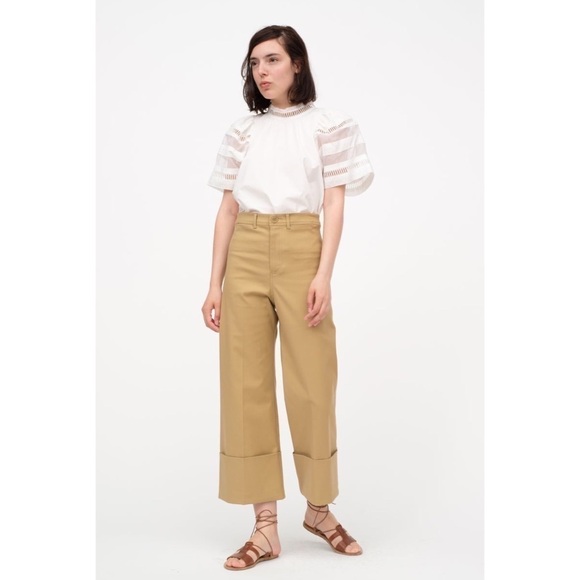 SEA NEW YORK High Rise Wide Leg Oversize-Cuff Crop Linen Blend Khaki Trousers 4 - Picture 1 of 7